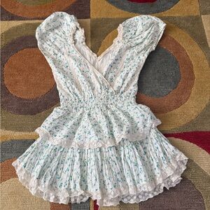 LoveShackFancy Carlo Dress Mini Short Tiered Ruffle Bonnett Blue Size Petite